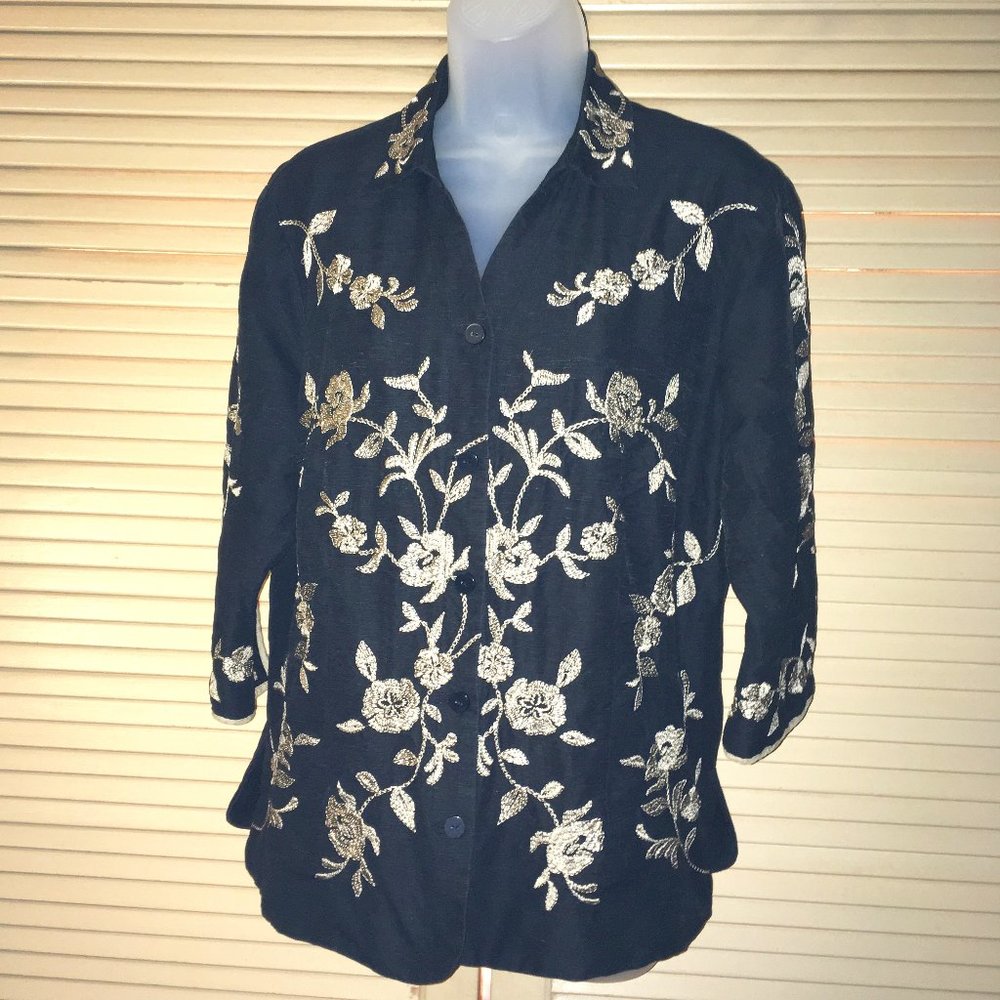 Coldwater Creek Embroidered Black Silk Jacket Petite Large